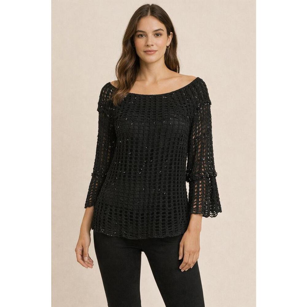 Bob Mackie Large black blouse crochet beaded bell sleeves off shoulder NWOT